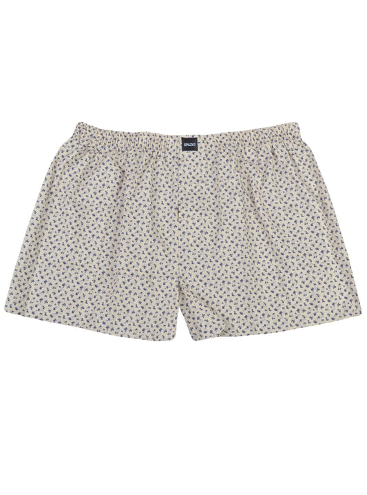 navy floral Patterned beige boxer shorts on a white background