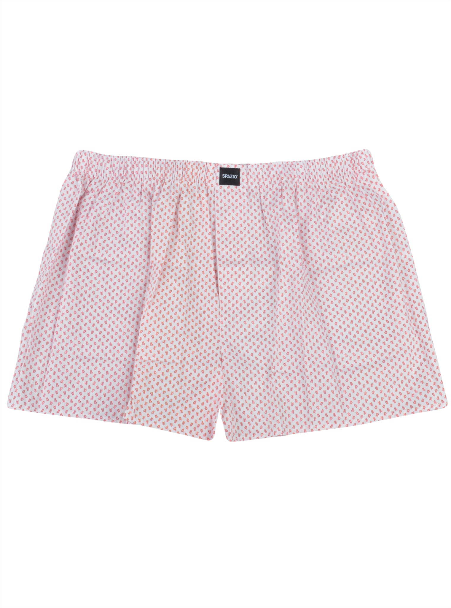 red polka dot floral pattern print on white cotton boxer shorts on a white background
