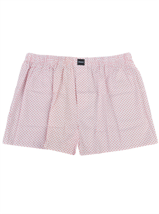 red polka dot floral pattern print on white cotton boxer shorts on a white background