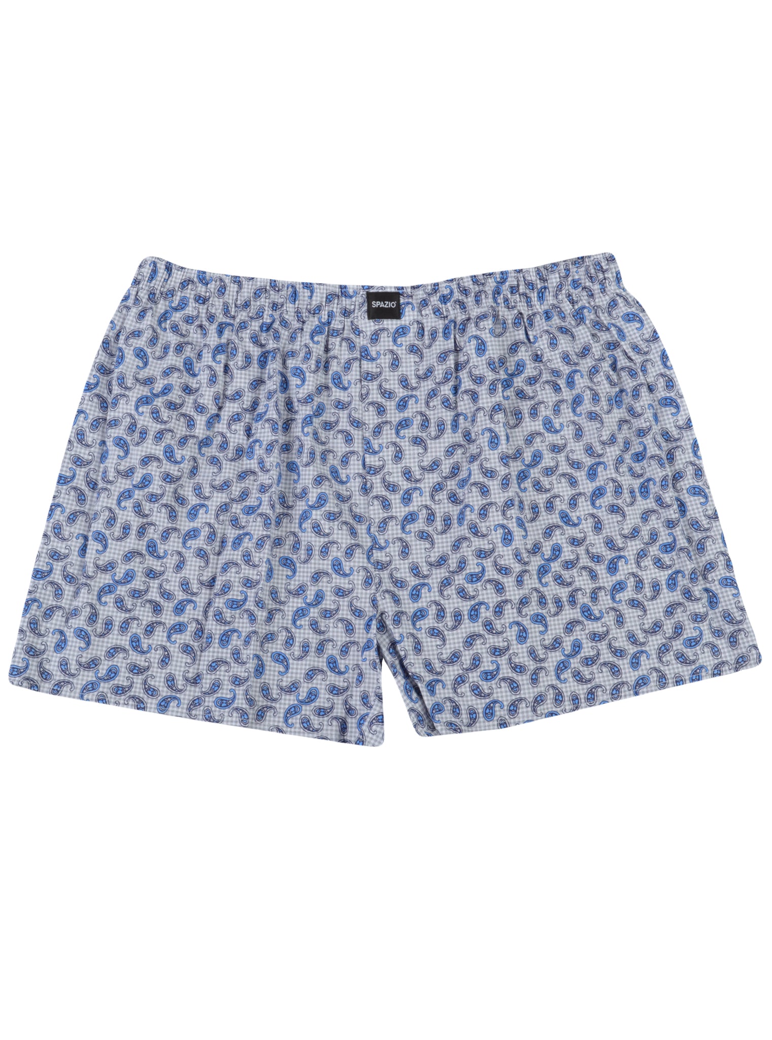 white men's boxer shorts with a blue paisley design