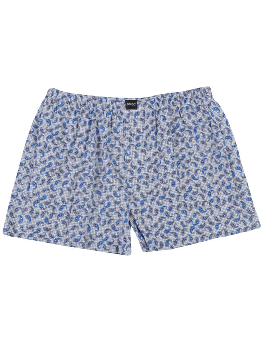 white men's boxer shorts with a blue paisley design