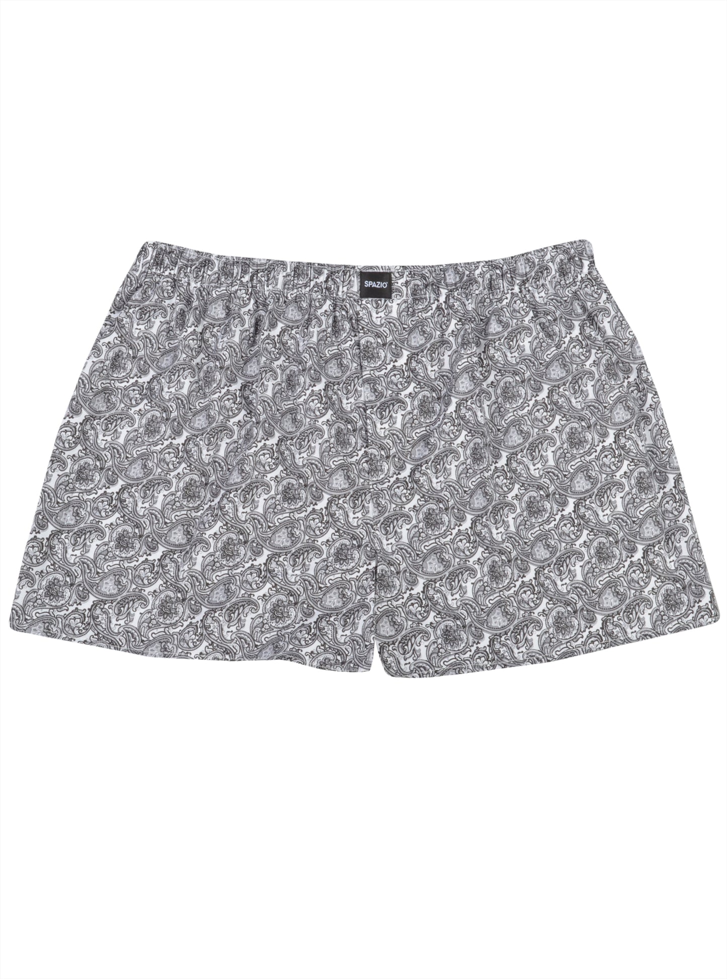 white and black patterned boxer shorts on a white background