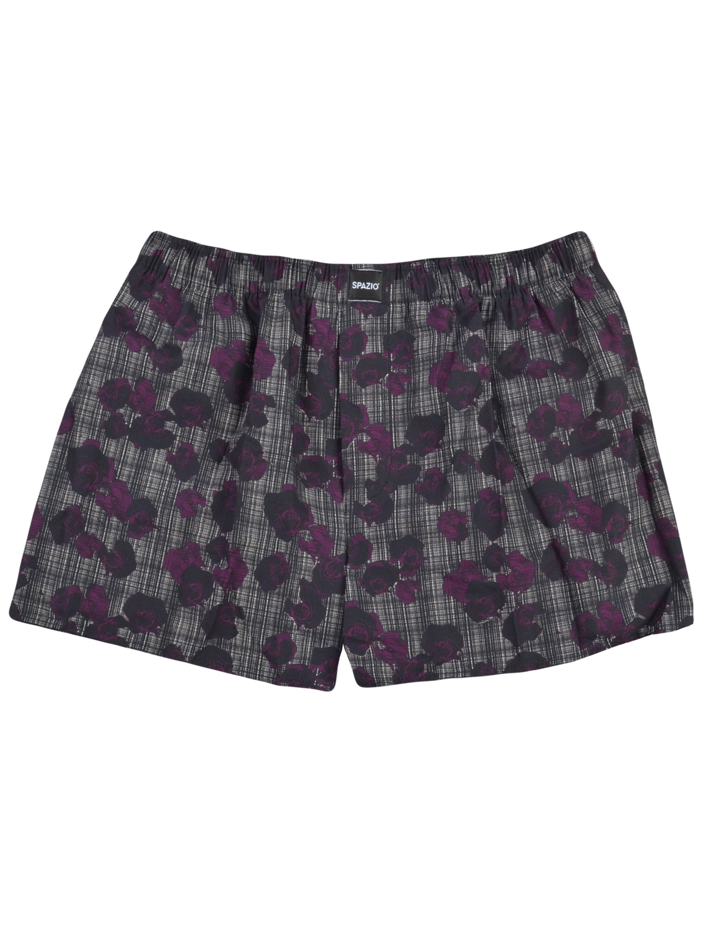 black and white boxers with a floral print in purple on a white background