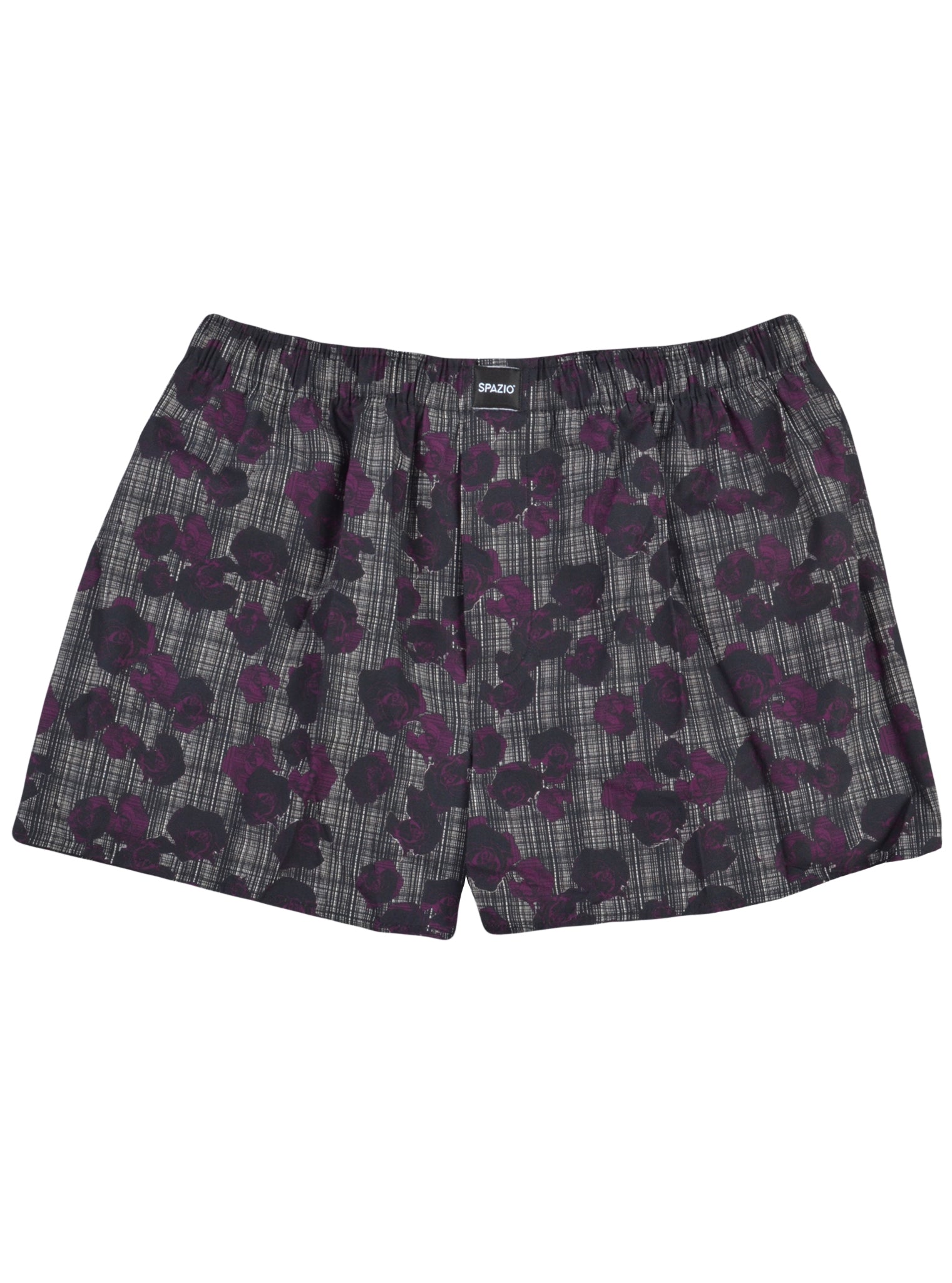 black and white boxers with a floral print in purple on a white background