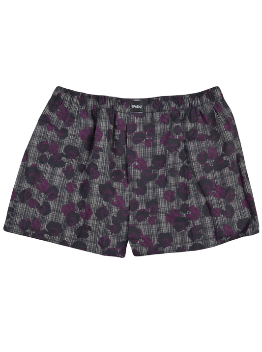 black and white boxers with a floral print in purple on a white background