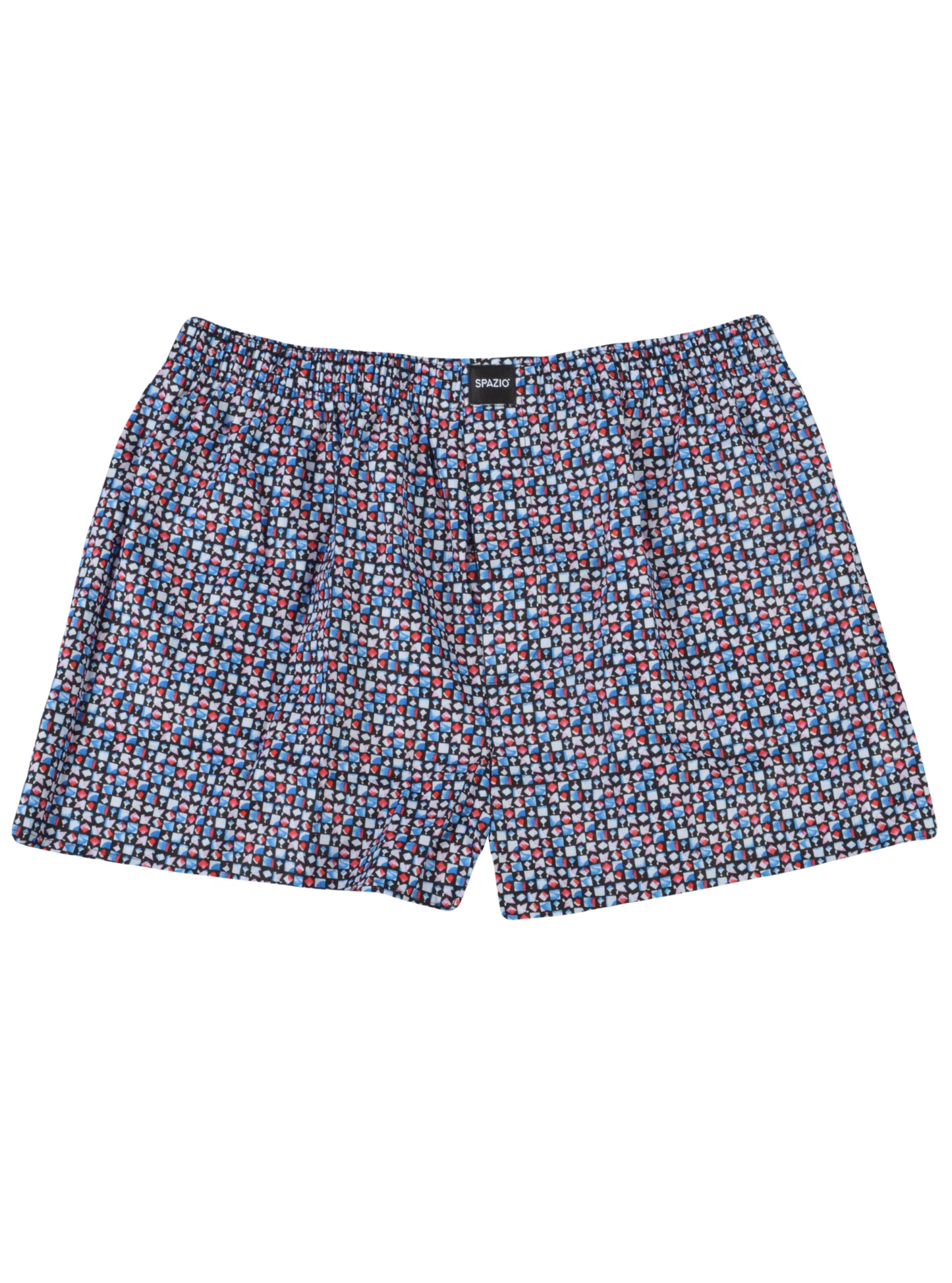 Multicolored patterned boxer shorts on a white background