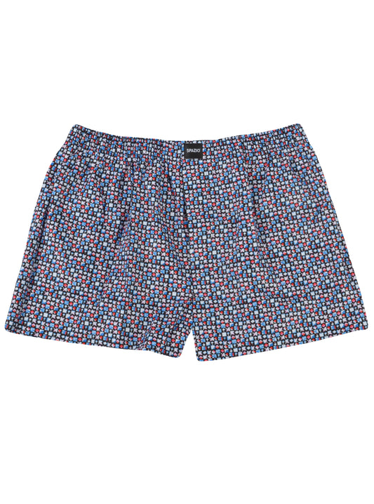 Multicolored patterned boxer shorts on a white background