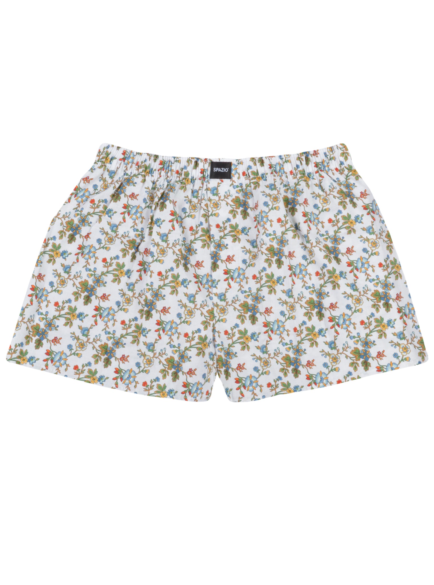 Floral patterned boxer shorts on a white background