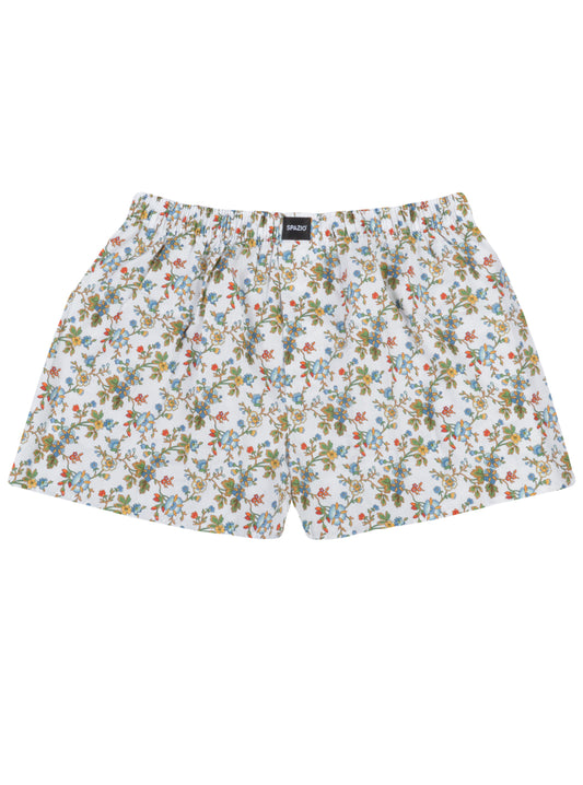 Floral patterned boxer shorts on a white background
